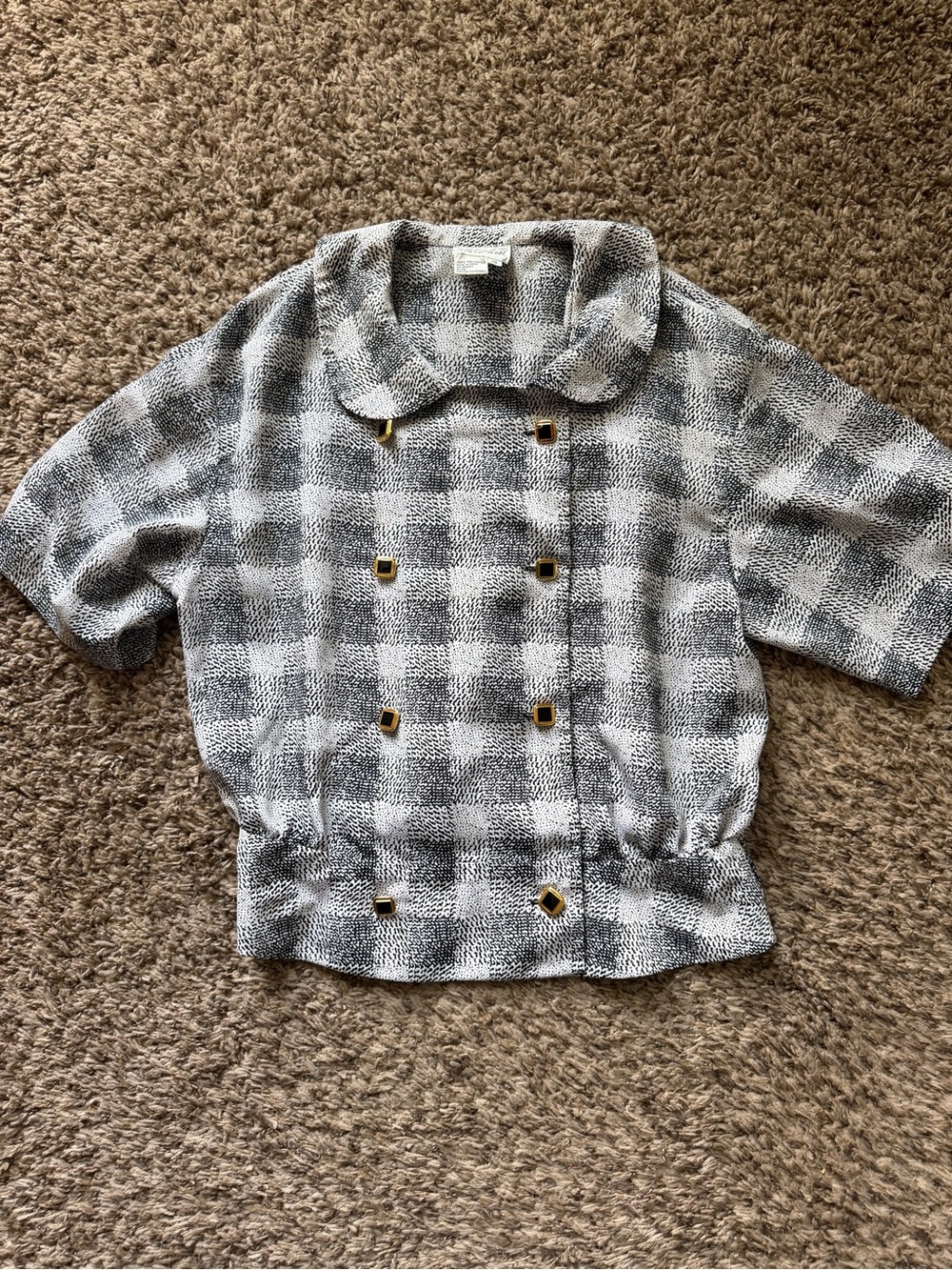 Vintage Andrea Gayle Black White Check Blouse Gold Button Double Breasted 10